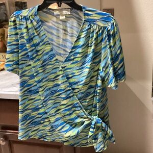 MICHAEL Michael Kors Blue and Green Wave Wrap Blouse